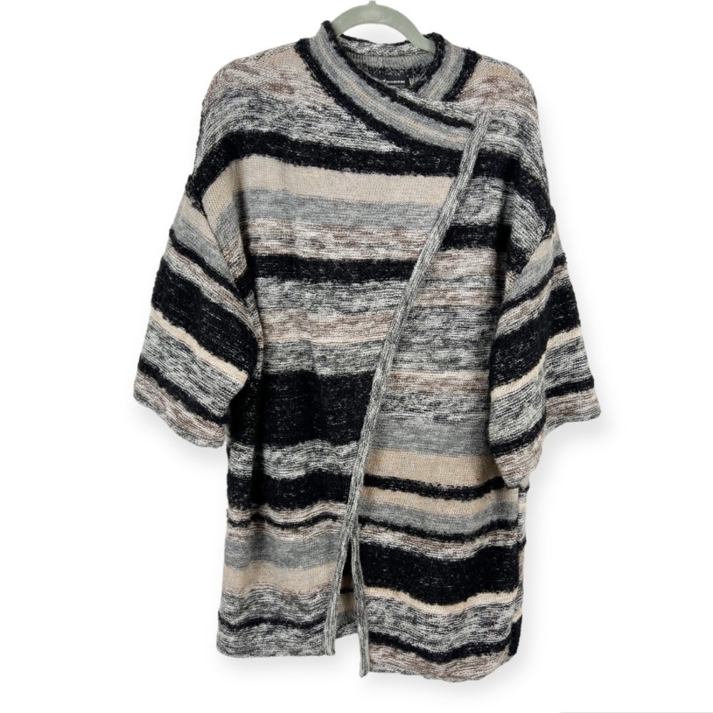 Peruvian Connection Alpaca Cardigan Sweater Marled Knit Stripe Black Gray Long